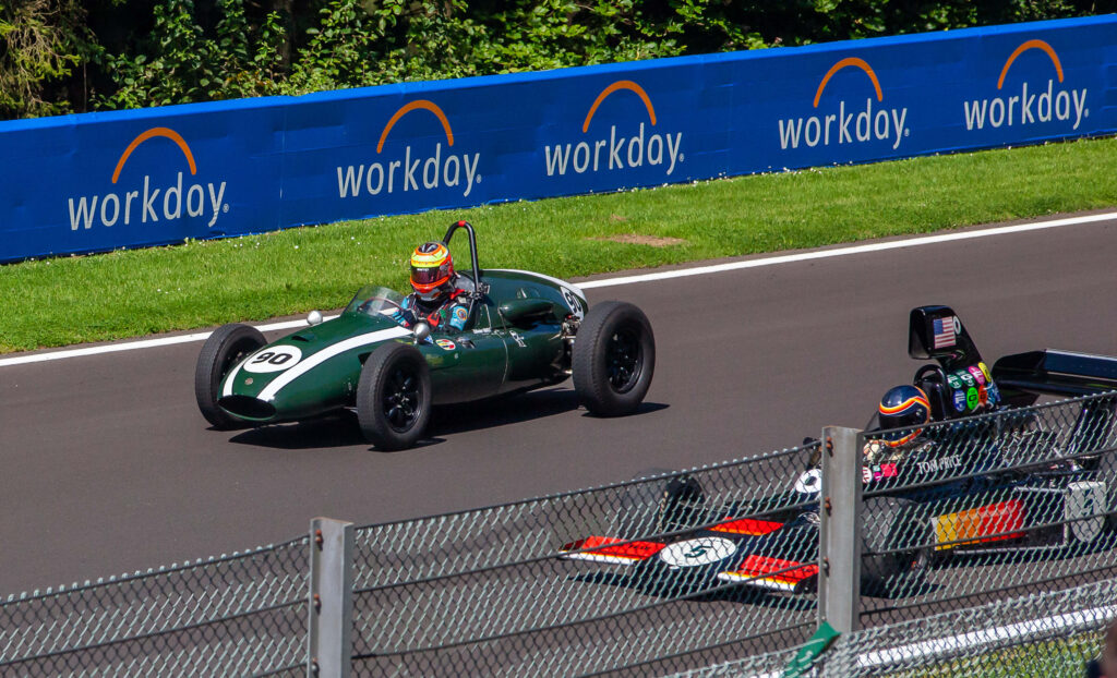Two historic F1 Grand Prix cars racing during the Belgian Grand Prix weekend