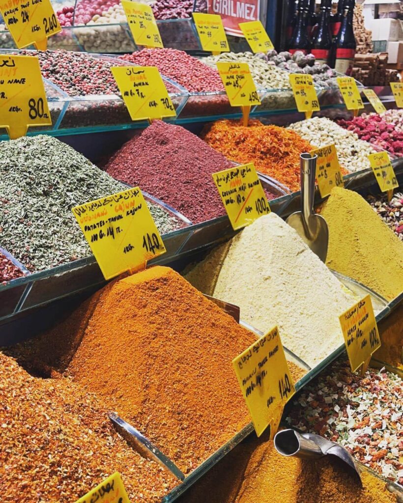 Multiple spices to purchase in the Spice Market located in Istanbul, Turkey