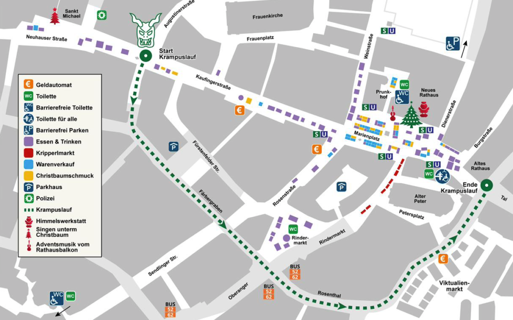 Map of Munich's Chriskindlmarkt and also the map of the Krampuslauf, Krampus Run.